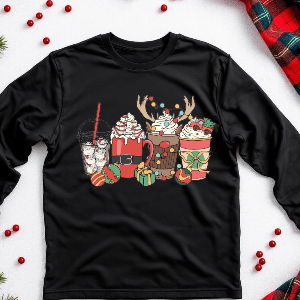Christmas T-shirt Holiday Coffee S M L XL soft fun New Custom made black